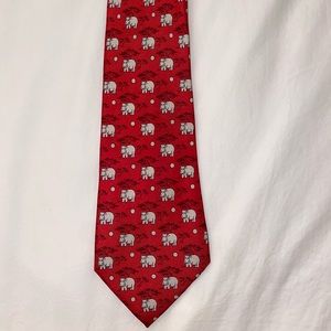 Hermes men’s red 100% silk tie with white hippos, polka dots, and trees